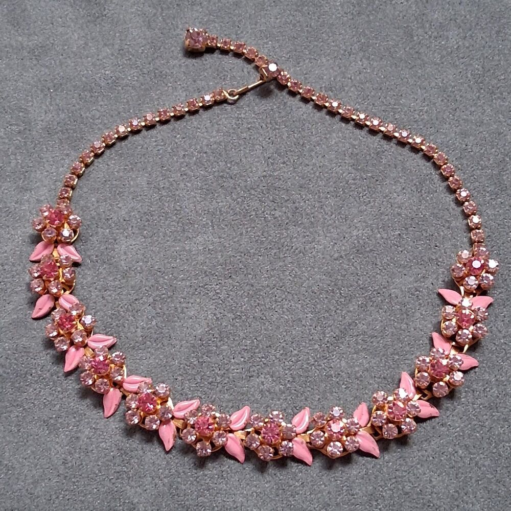 Pastel Rhinestone Tiered Flowers Necklace Pink Purple Enamel